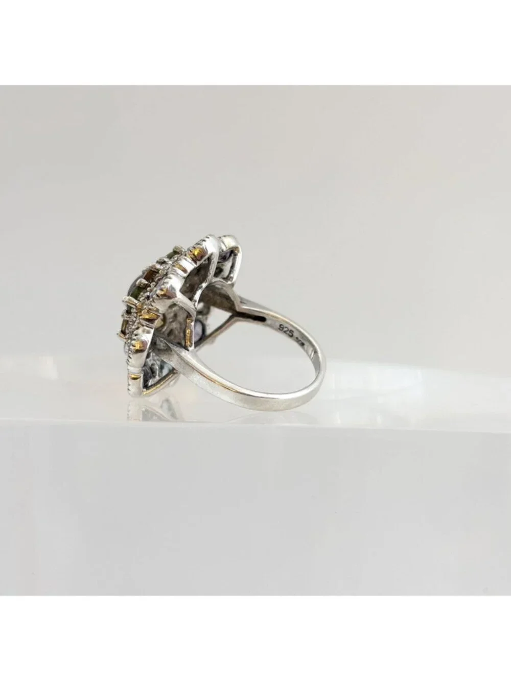 Cluster Rainbow Gemstone Blooming Flower Sterling Silver 925 Vintage Ring - sz 6